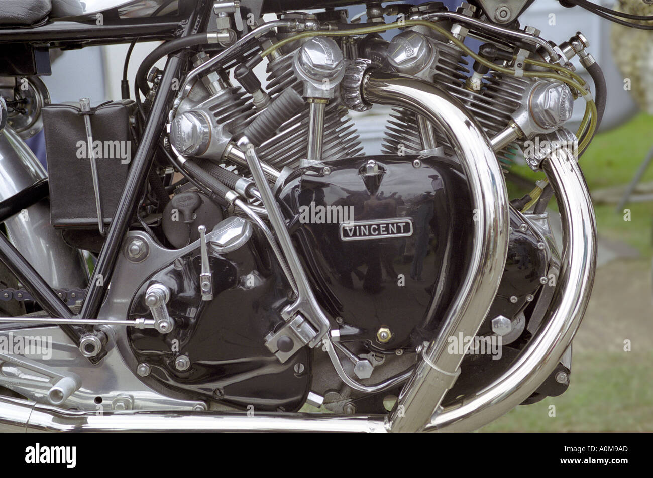 Engine detail of beautifully restored classic british motorcycle of the 1950 s era the 998 cc Vincent V twin Stock Photo