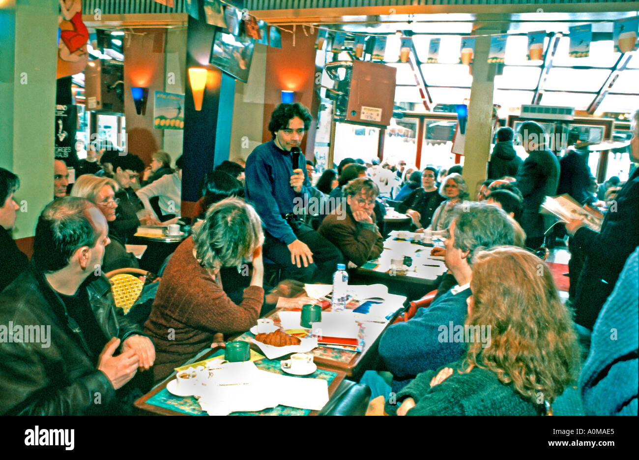 French Cafes, Paris France, Crowd people in 'Café de la Phare' Bistro Restaurant 'Cafe Philosophic' event, group drinking coffee bar Stock Photo