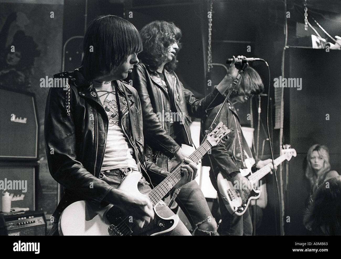Punk Rock, New York NY, USA 'CBGB's' Nightclub Interior  'The Ramones' Performing on Stage 'Johnny Ramone', punk rock'n'roll Guitar, vintage 1970s Stock Photo