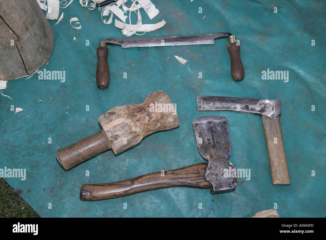 Wooden tent pegs the tools used Stock Photo