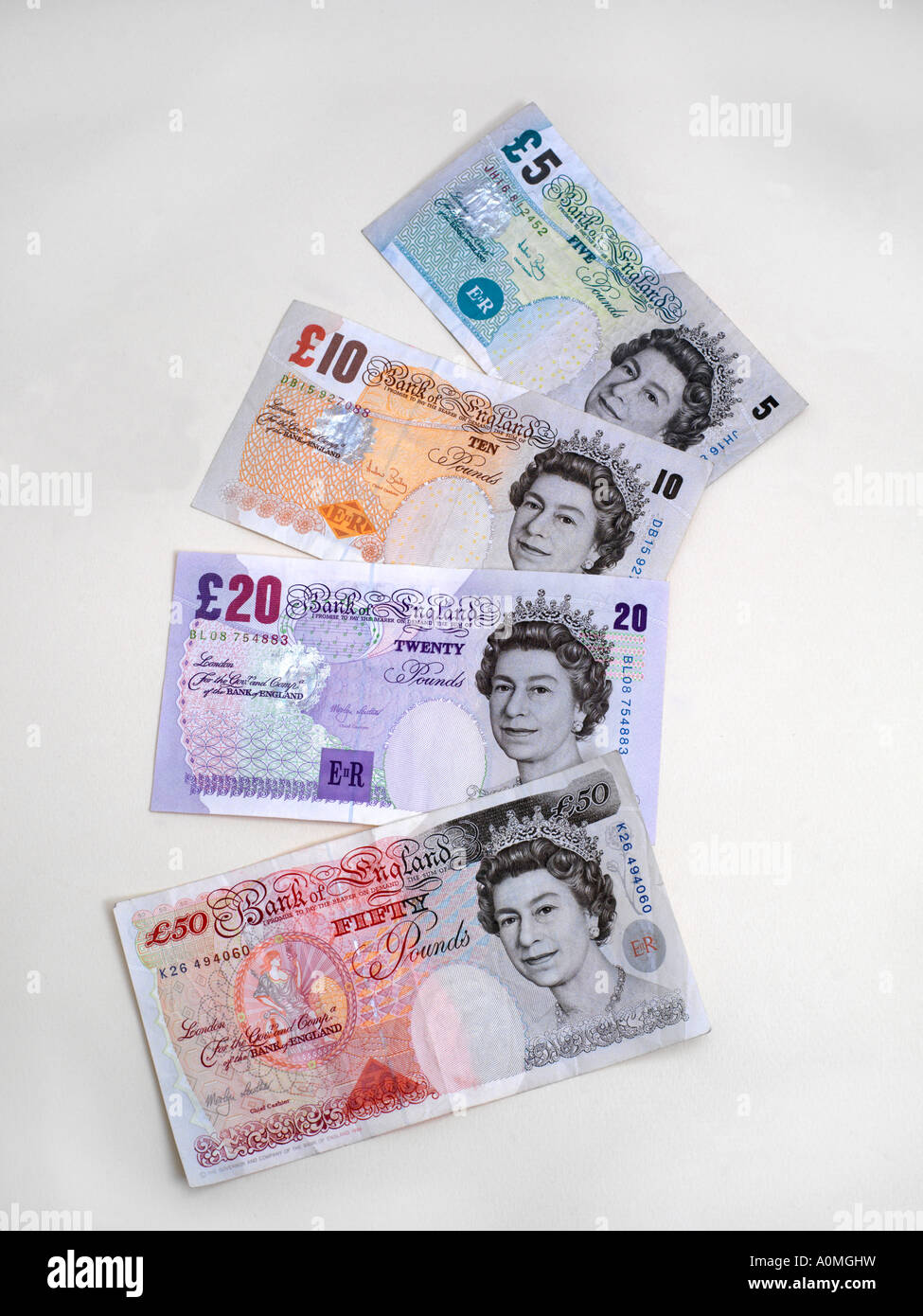 Sterling Bank Notes £5 £10 £20 £50 Stock Photo