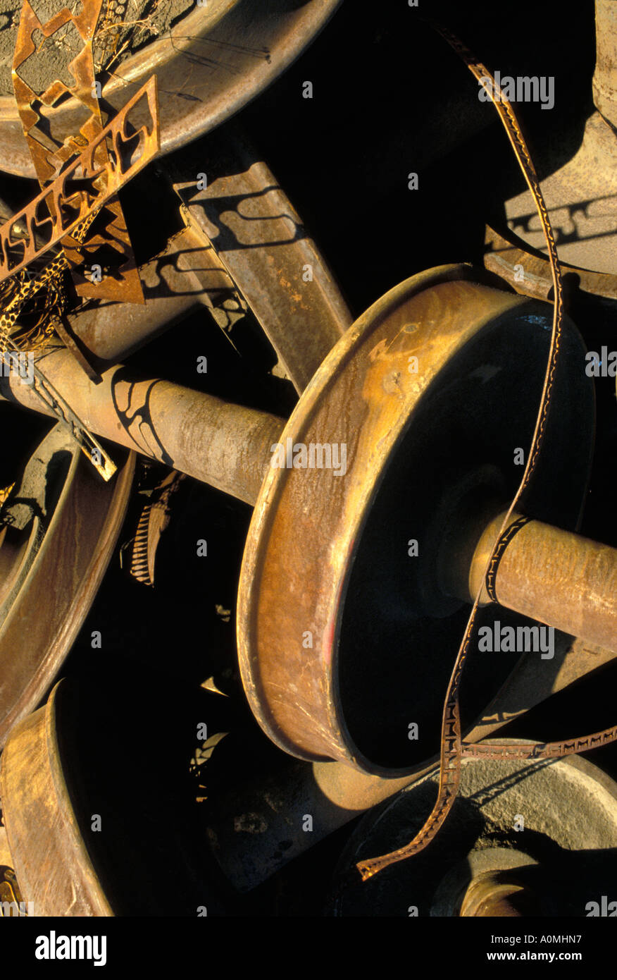 close up detail rust rusted rusting railroad parts wheel junk yard