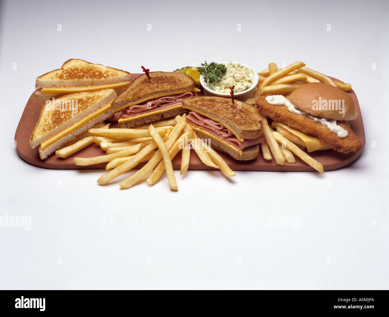 assorted assortment sandwich toasted cheese ham filet fish cole slaw tartar sauce seafood chips french fry fries Stock Photo