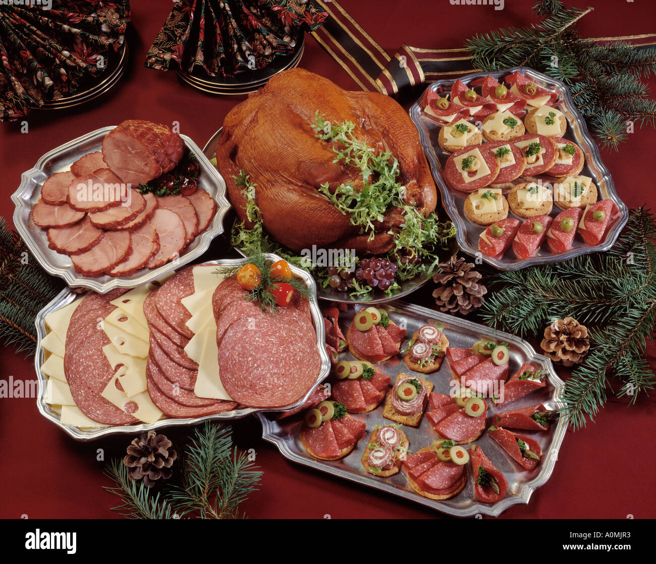 assorted assortment smoked turkey sandwich meats bologna salami swiss