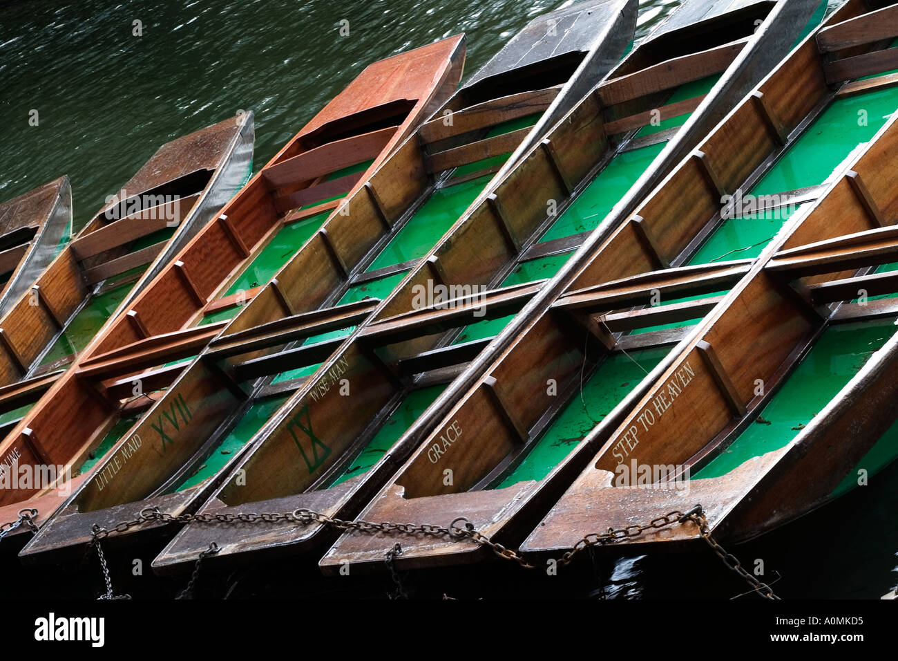 Seven Punts on the River Cam in Cambridge England Stock Photo