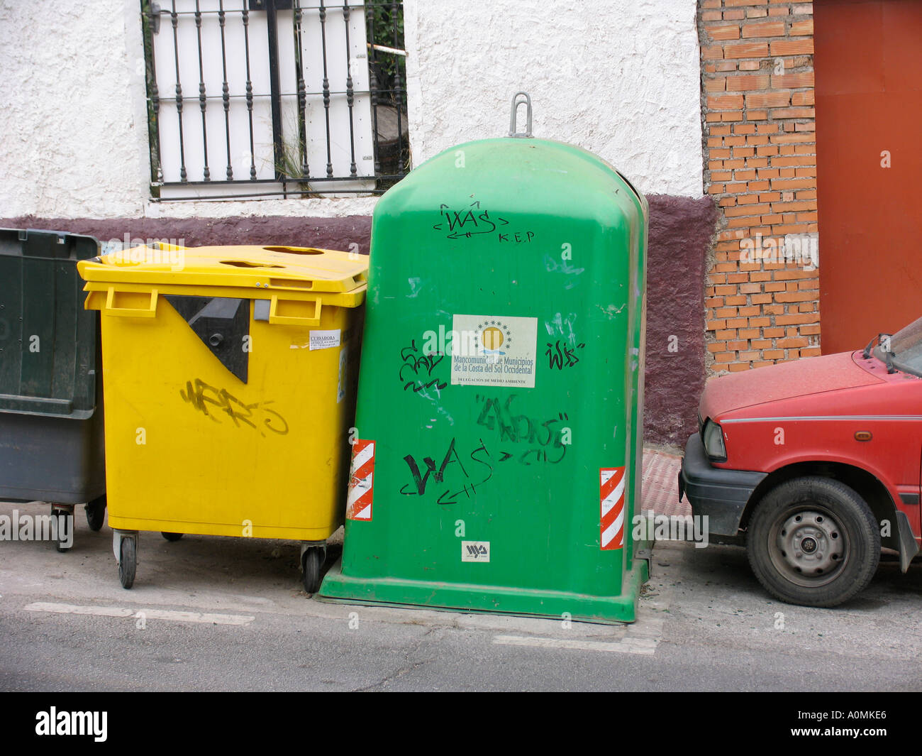 Costa del Sol Spain Street scene with rubbish bins and container for