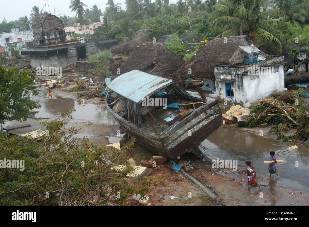 Boat on land, damage by natural disaster Tsunami earthquake on sea floor, Nagapattinum, Velankanni, Tamilnadu, Indian Ocean, India, Asia, Asian Stock Photo
