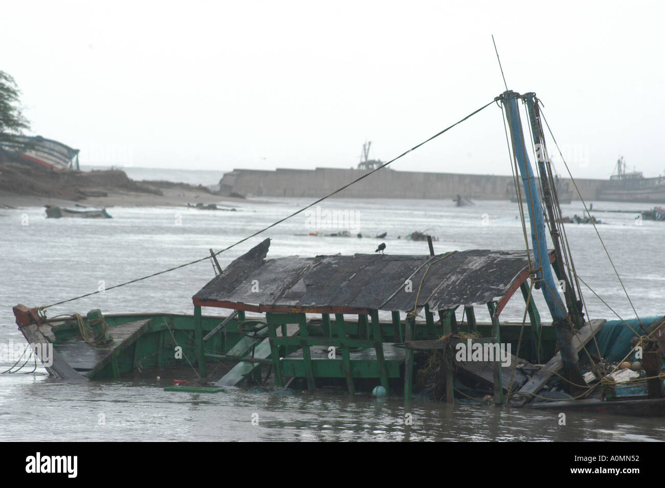 boat destroyed and smashed by Tsunami earthquake Nagapattinum Velankanni Tamil Nadu India Stock Photo