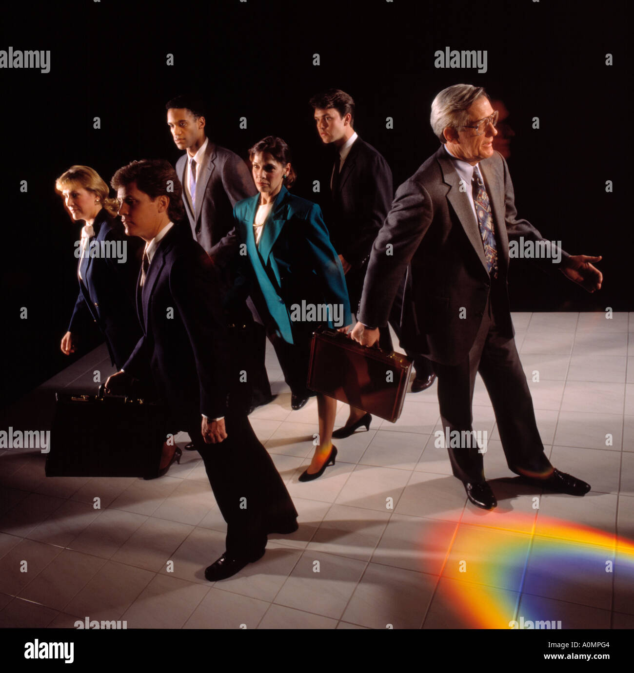 group assortment business people 6 six caucasian afro african american rainbow colors colorful individuality road less traveled Stock Photo