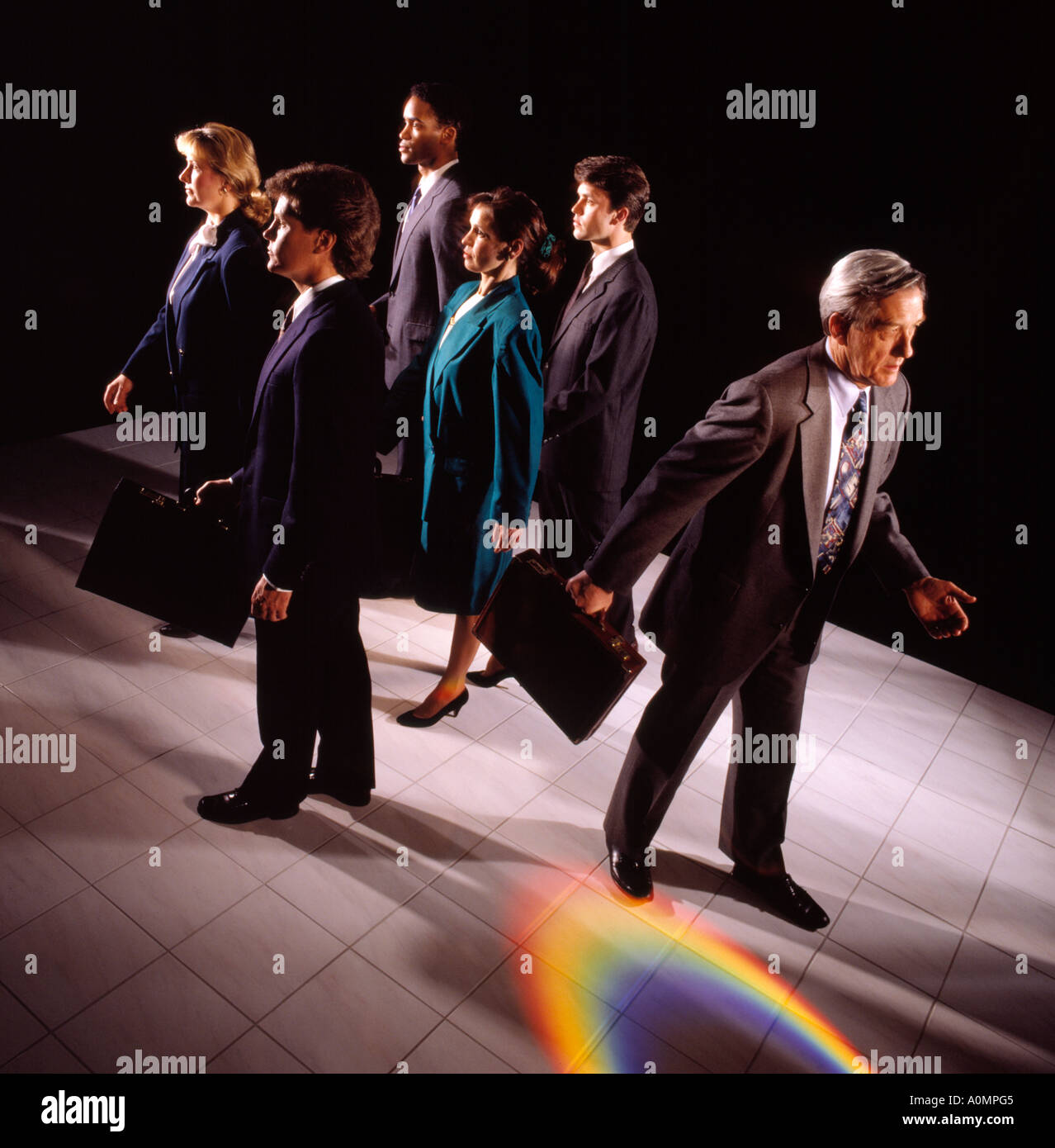 group assortment business people 6 six caucasian afro african american rainbow colors colorful individuality road less traveled Stock Photo