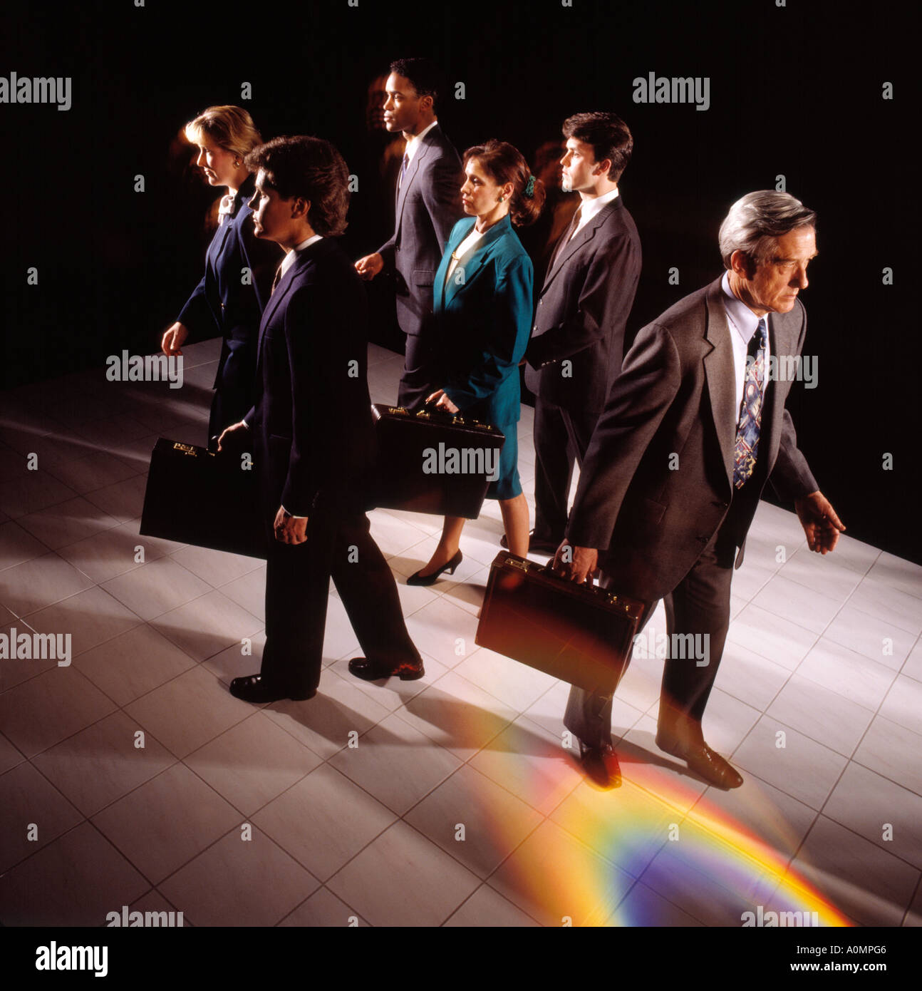 group assortment business people 6 six caucasian afro african american rainbow colors colorful individuality road less traveled Stock Photo