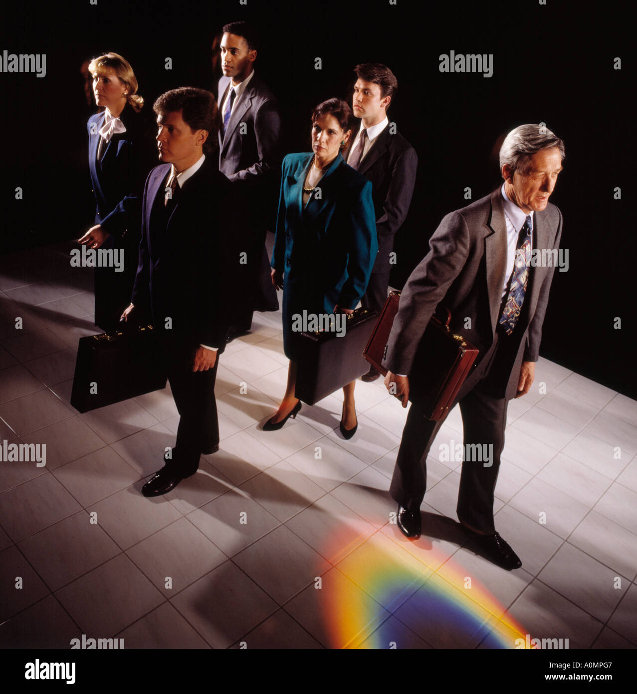 group assortment business people 6 six caucasian afro african american rainbow colors colorful individuality road less traveled Stock Photo