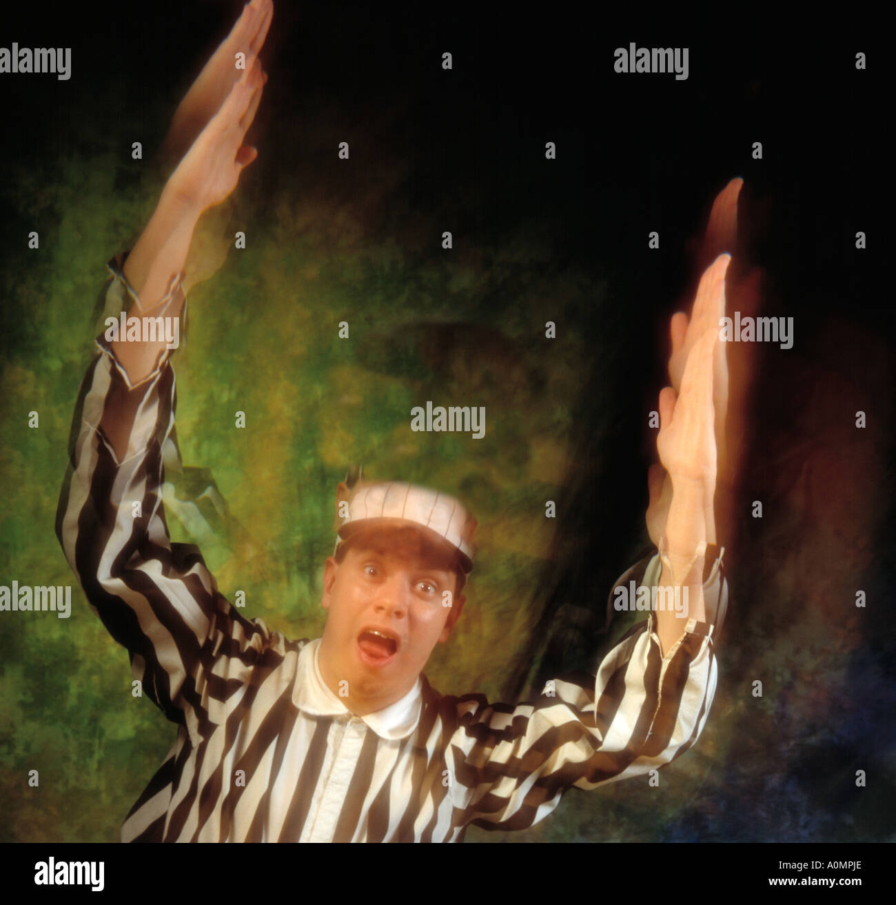 1 one male caucasian referee signals touchdown field goal american