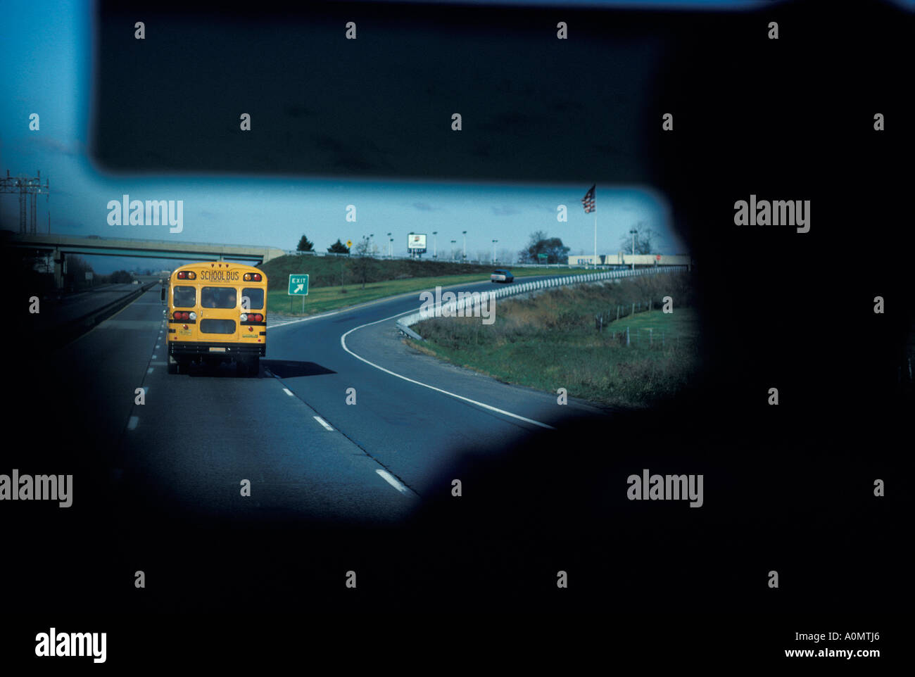 yellow school bus driver view transport transportation highway interchange exit ramp Stock Photo