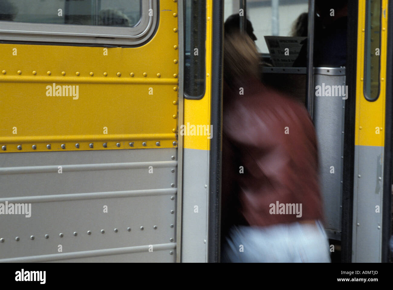 yellow school bus movement motion blur hurry rush late Stock Photo