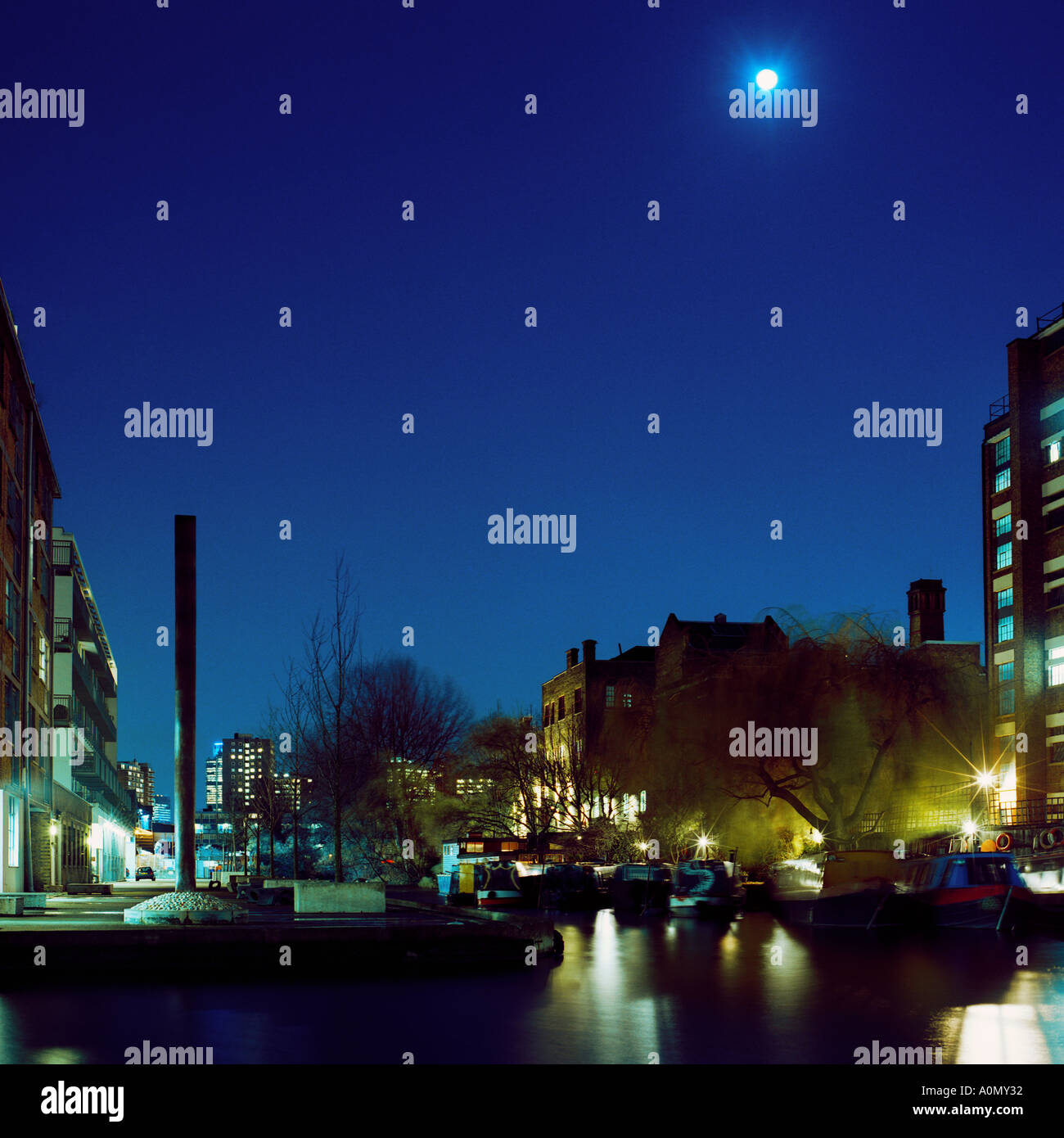 Dusk shot of warehouse units, Wenlock Basin, Regent's Canal, Islington
