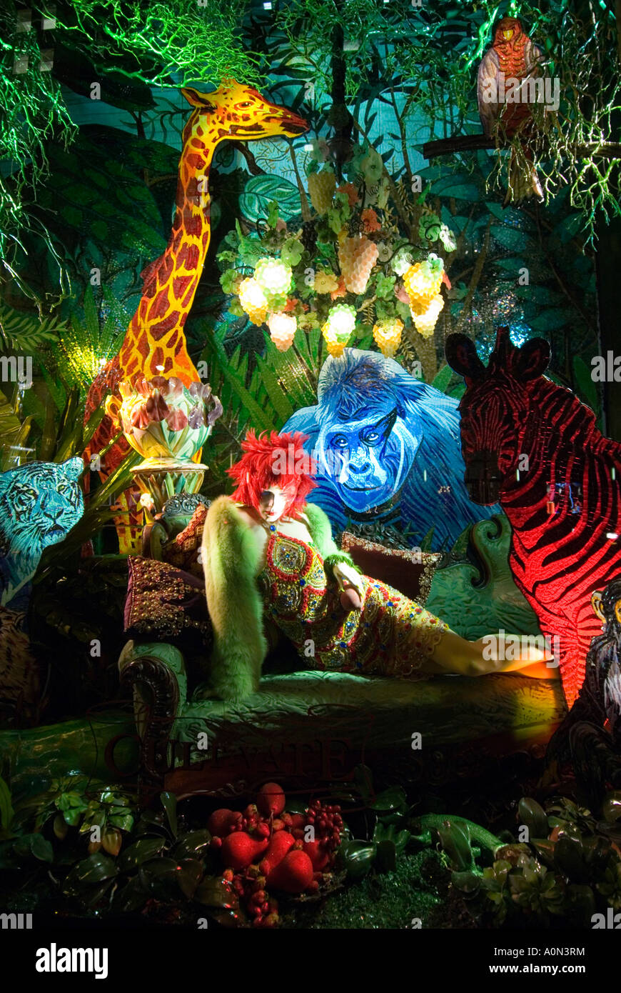 Jungle theme Christmas window display at Bergdorf Goodman department store on 5th Avenue in