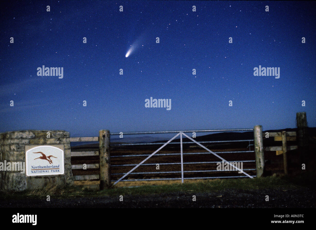 Comet Hale-Bopp over Northumberland National Park Stock Photo