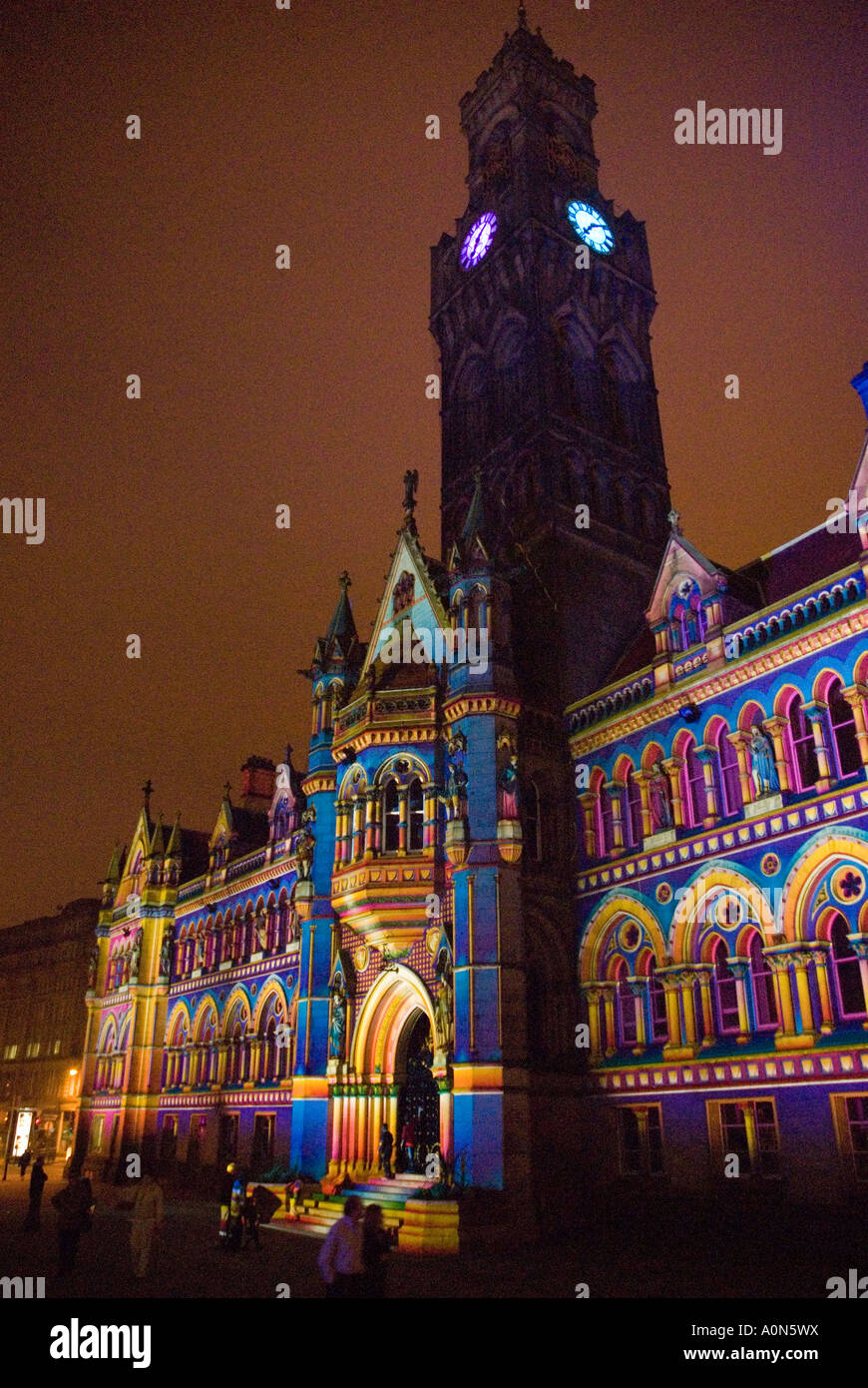 Bradford Town Hall lit by coloured lights during the Illuminate Festival October 2006 Stock Photo