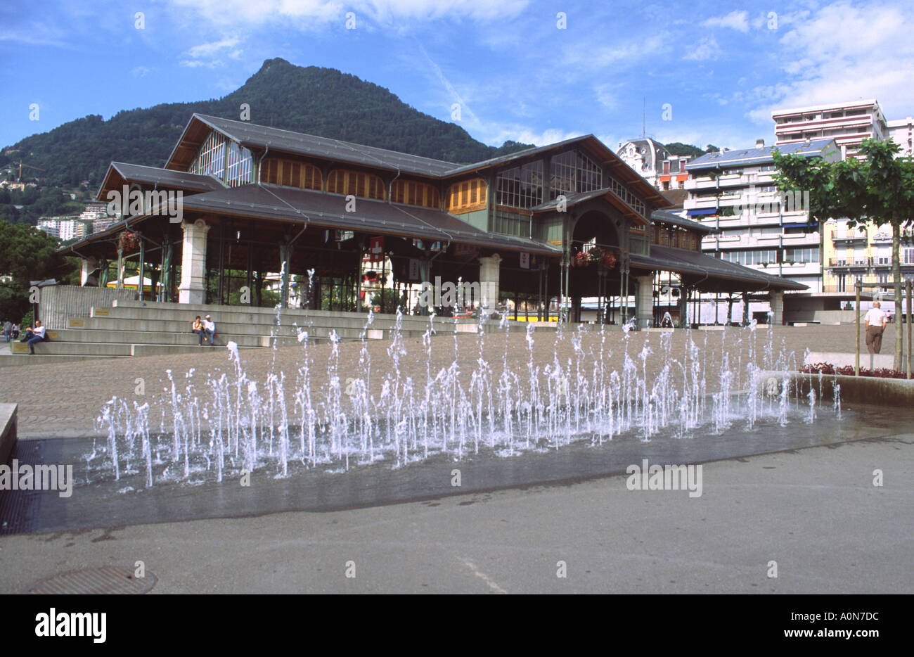 Montreux Fountain Switzerland water feature square Stock Photo