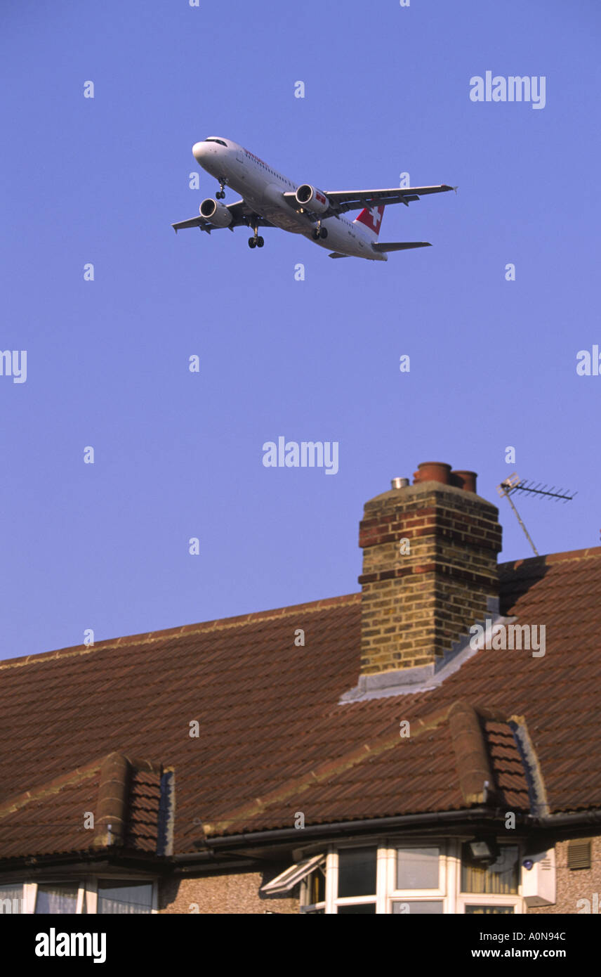 Airbus A320 Swissair plane approaching Heathrow runway over Hounslow