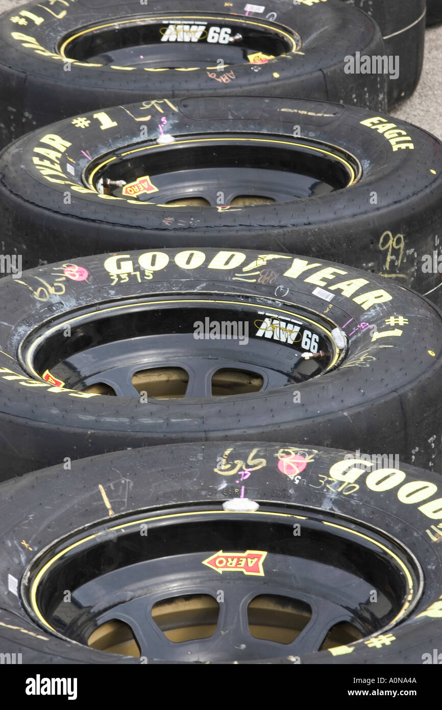 Spare Goodyear racing tires in the pit area during the running of the NASCAR Meijer 300 at the Kentucky Speedway Stock Photo