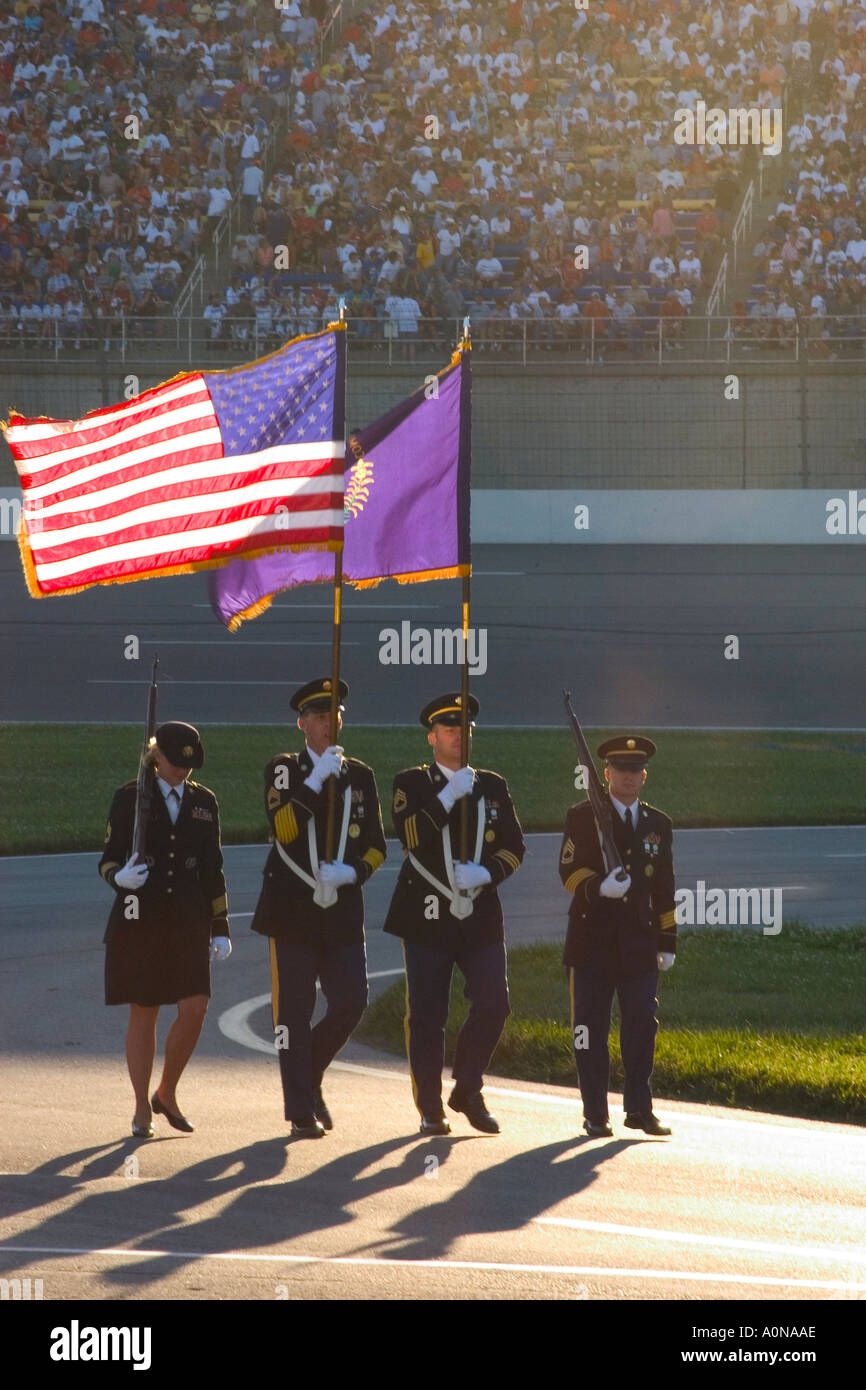 United States Army Color guard leaves track after opening ceremony prior to start of NASCAR Meijer 300 race at Kentucky Speedway Stock Photo