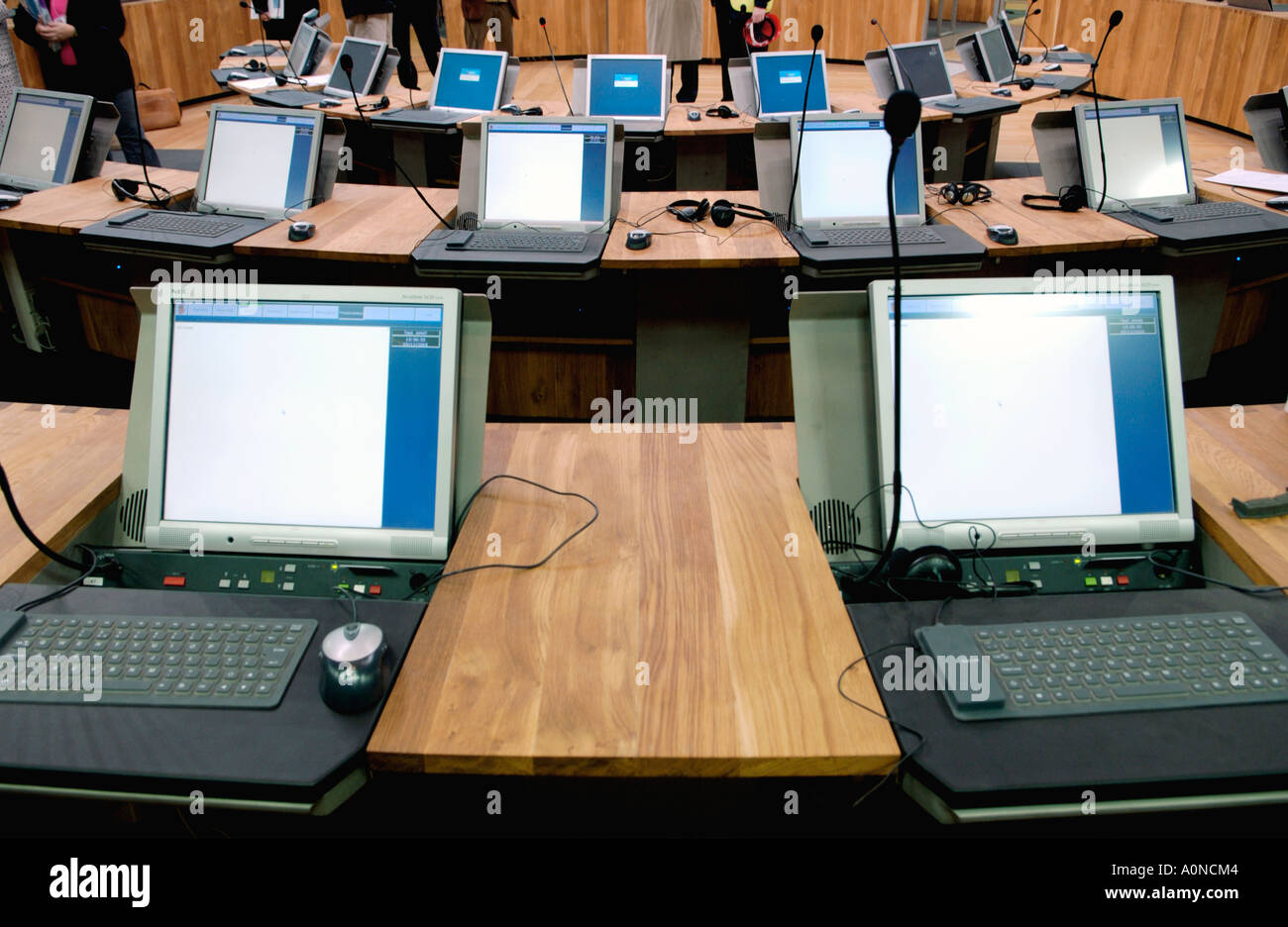 Wales Computer Interior of National Assembly for Wales showing debating chamber with ...