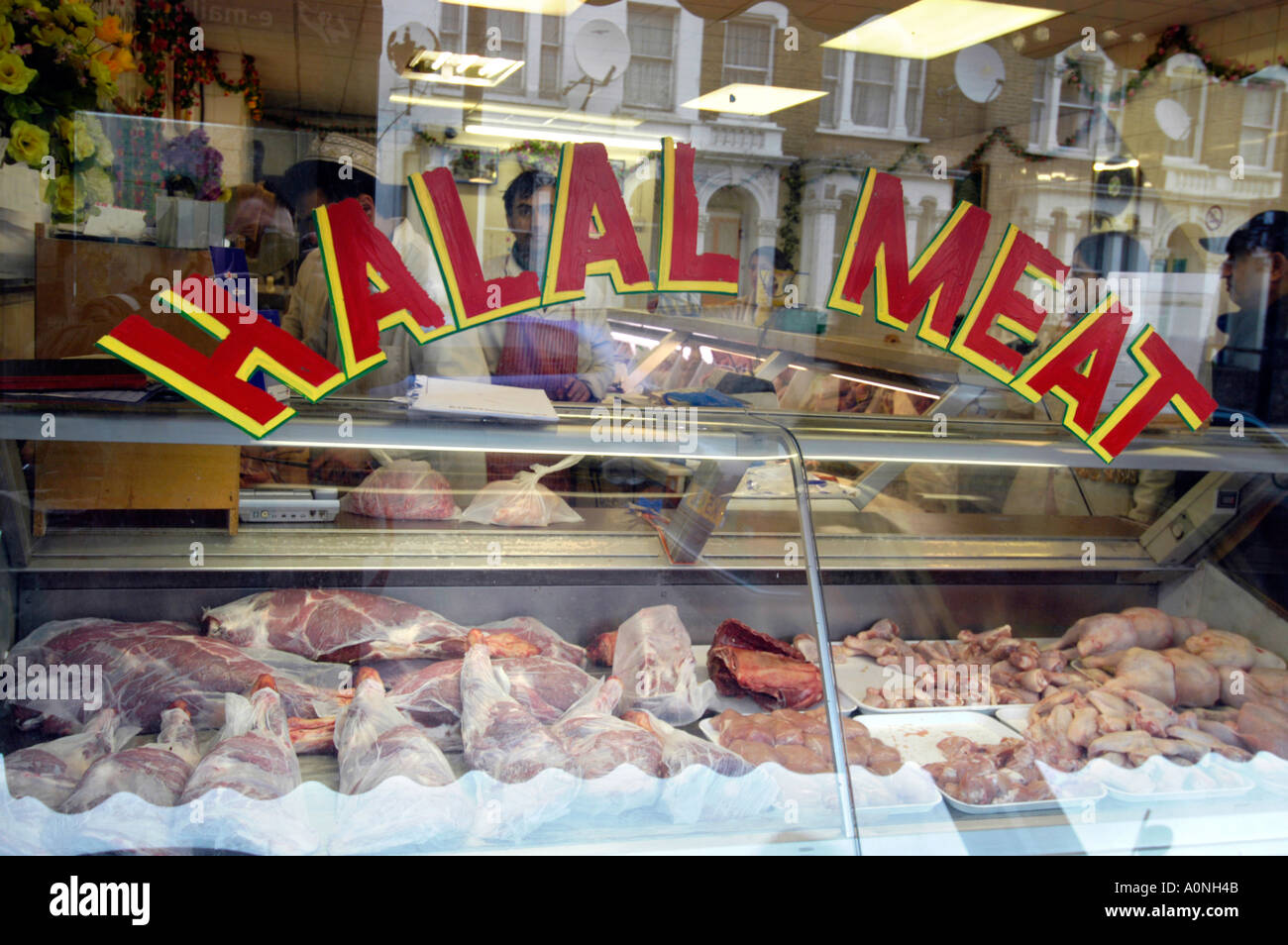Halal meat in butcher's window, London, UK Stock Photo Alamy