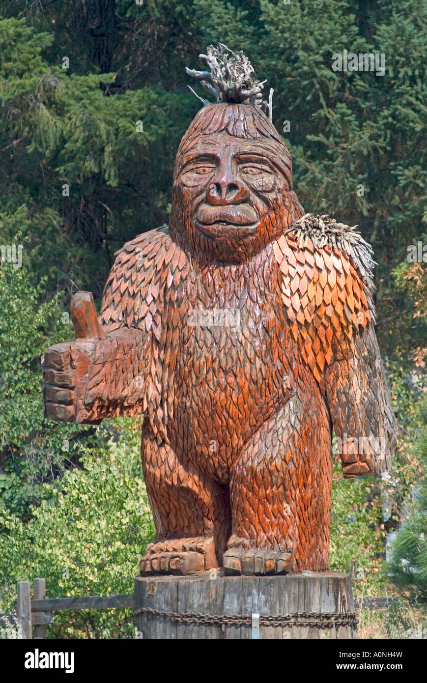 Carved wooden Big Foot statue in northern California Stock Photo
