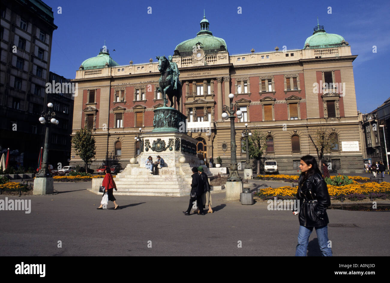 Belgrade, Serbia. Trg Republike city centre square with the National Museum and equestrian statue of Mihailo Obrenovic. Stock Photo