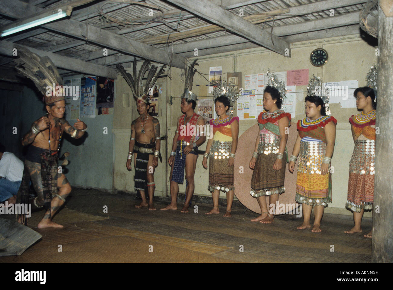 Ceremonial dance in Dayak longhouse Sarawak Malaysia Stock Photo