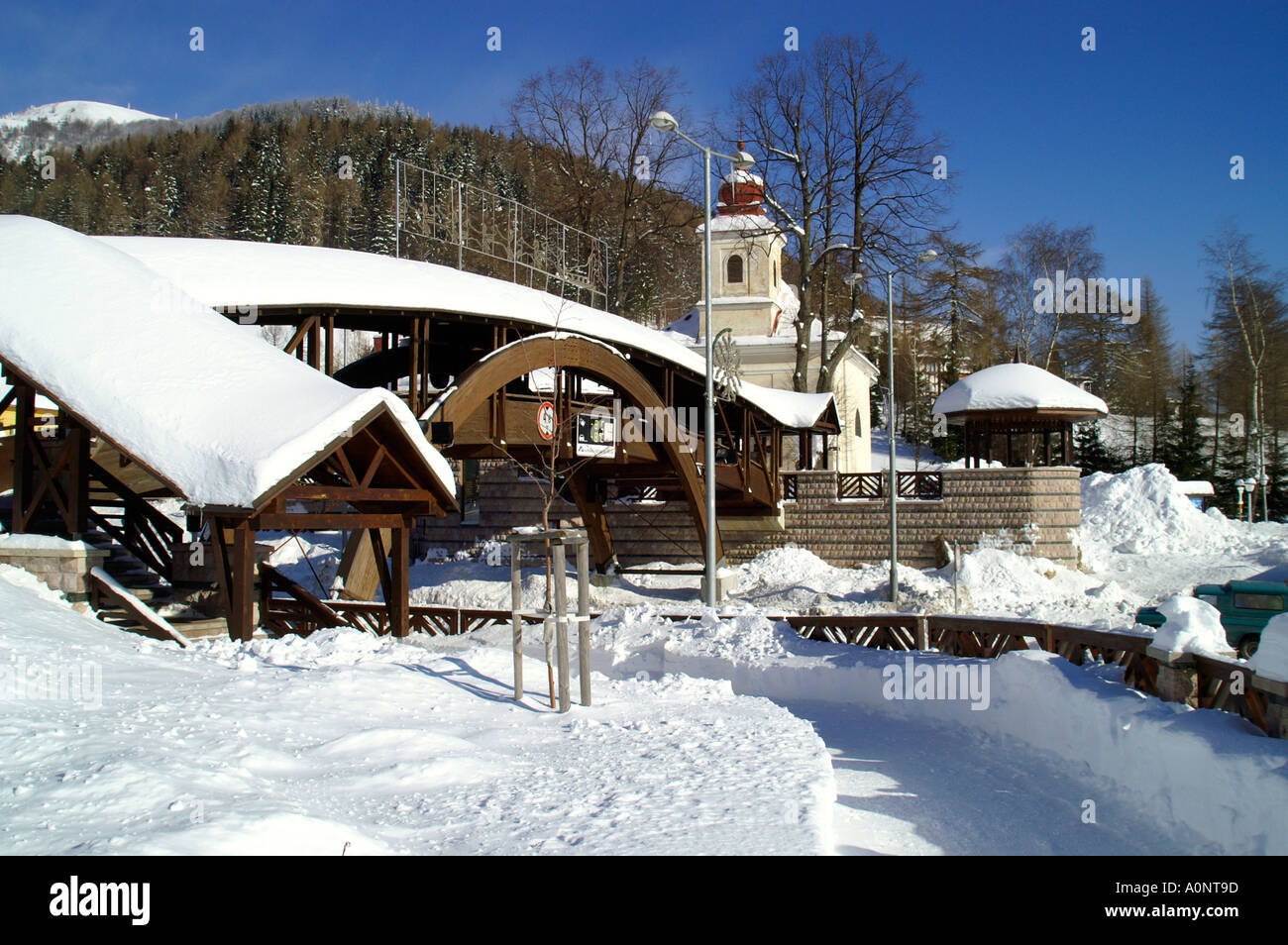 Donovaly Ski Resort in Slovakia and church in center of Donovaly village, winter Stock Photo