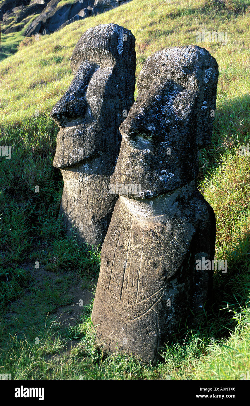 Rapa Nui statues at rano raraku with carvings of the ship of Roggeveen