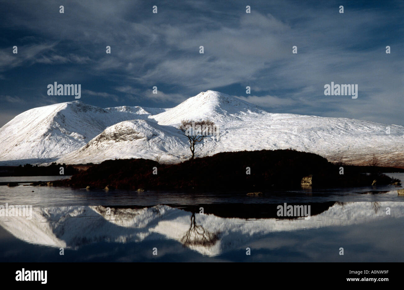 Lochan na h Achlaise, Meall a Bhuiridh and the Black Mount covered in snow, Rannoch Moor, Lochaber, Highland, Scotland Stock Photo