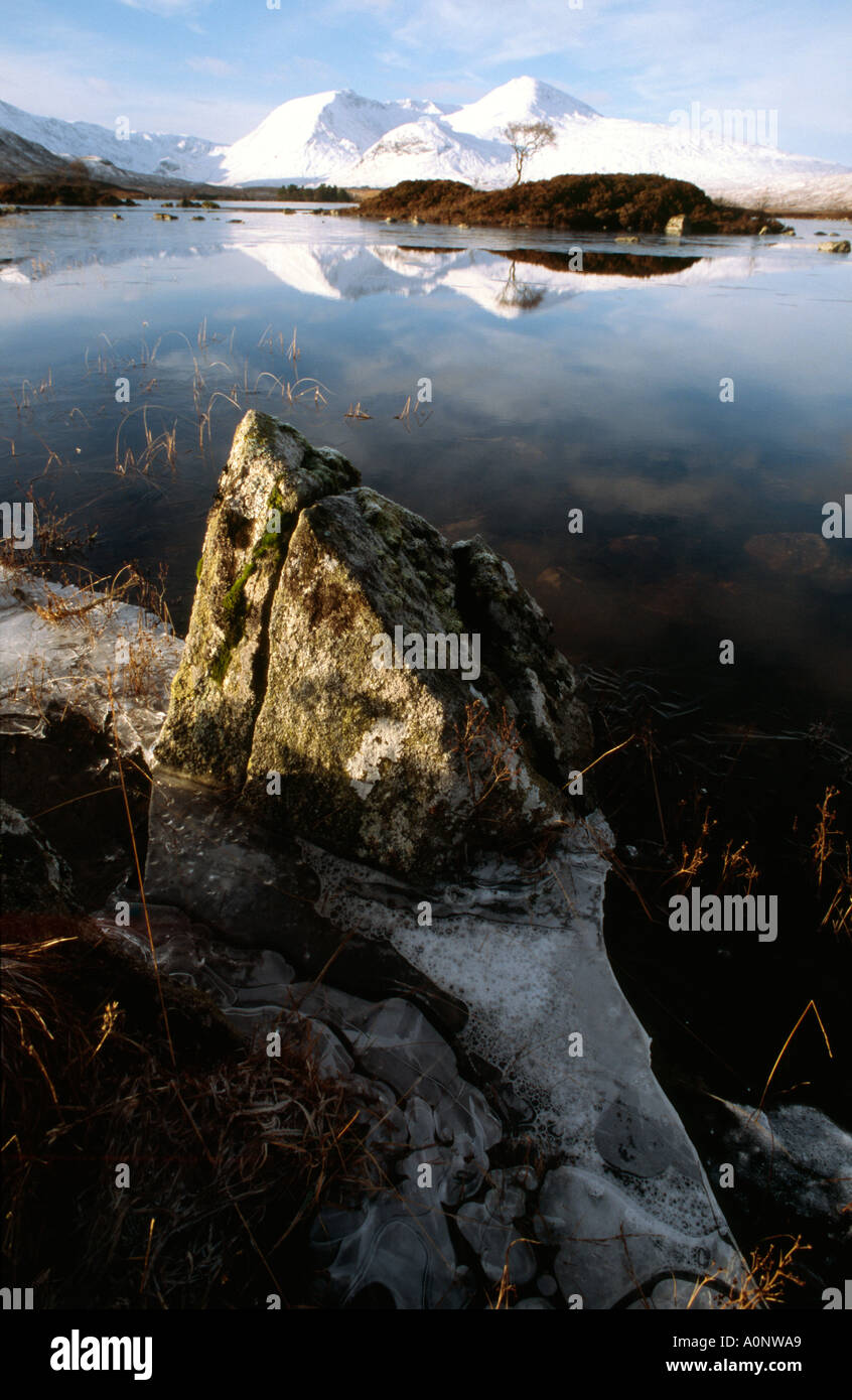 Lochan na h Achlaise, Meall a Bhuiridh and the Black Mount covered in snow, Rannoch Moor, Lochaber, Highland, Scotland Stock Photo