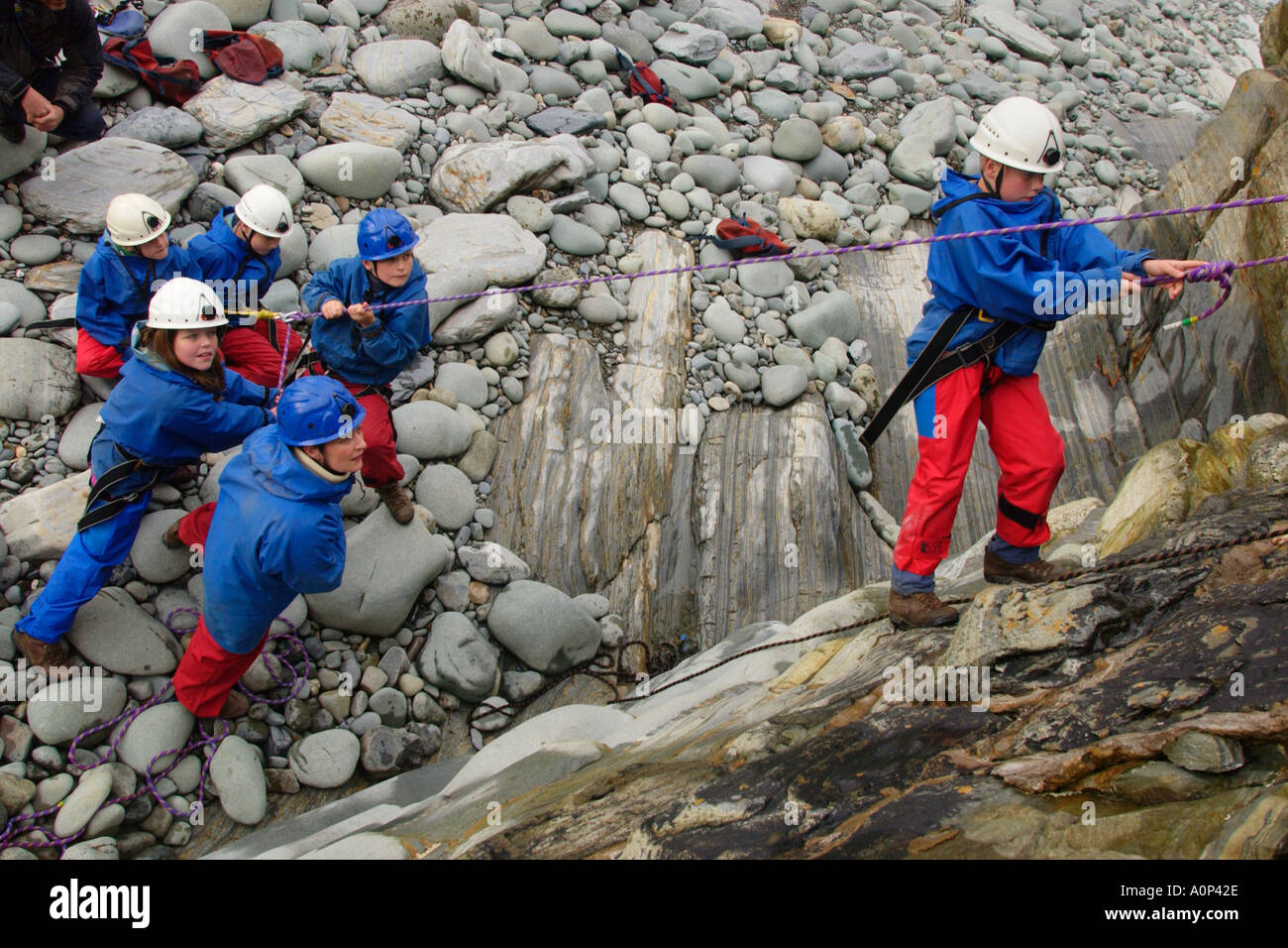 School pupils on an organised climbing expedition at Arthog Gwynedd North Wales UK Stock Photo