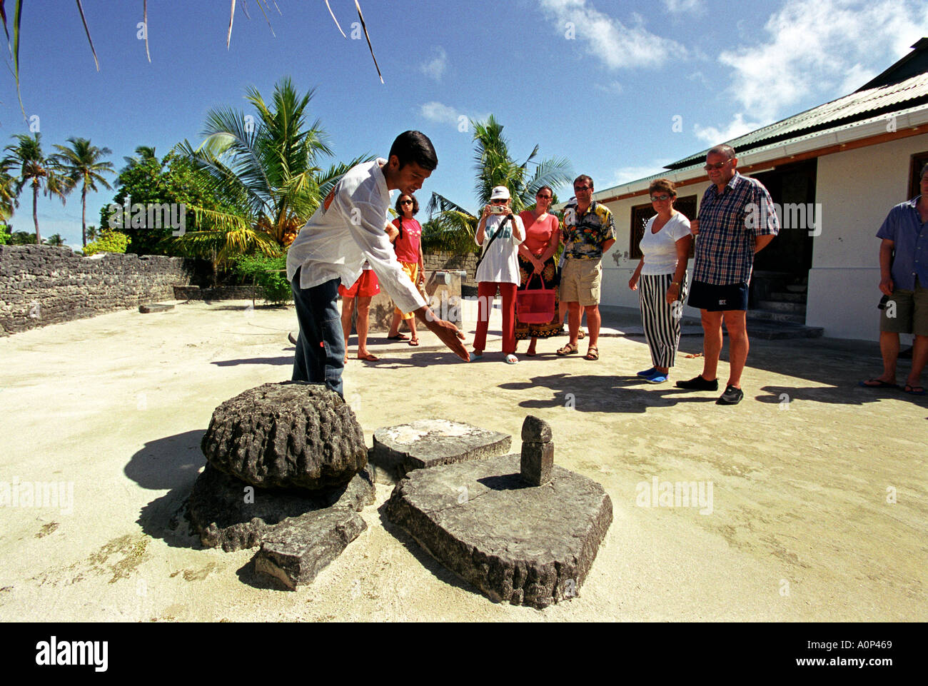 Ancient sun dial outside the mosque in Bandidhoo Island in The Maldives Stock Photo