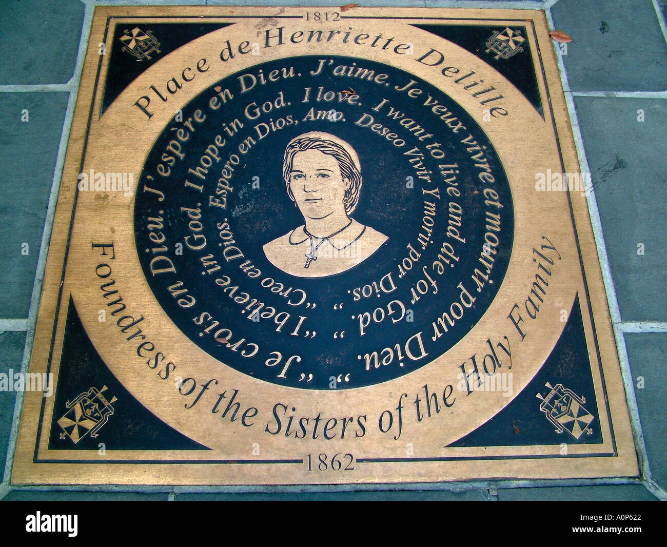 Commemorative plaque for Henriette Delille founder of the Sisters of the Holy Family St Louis Cathedral Garden Orleans and Roy Stock Photo