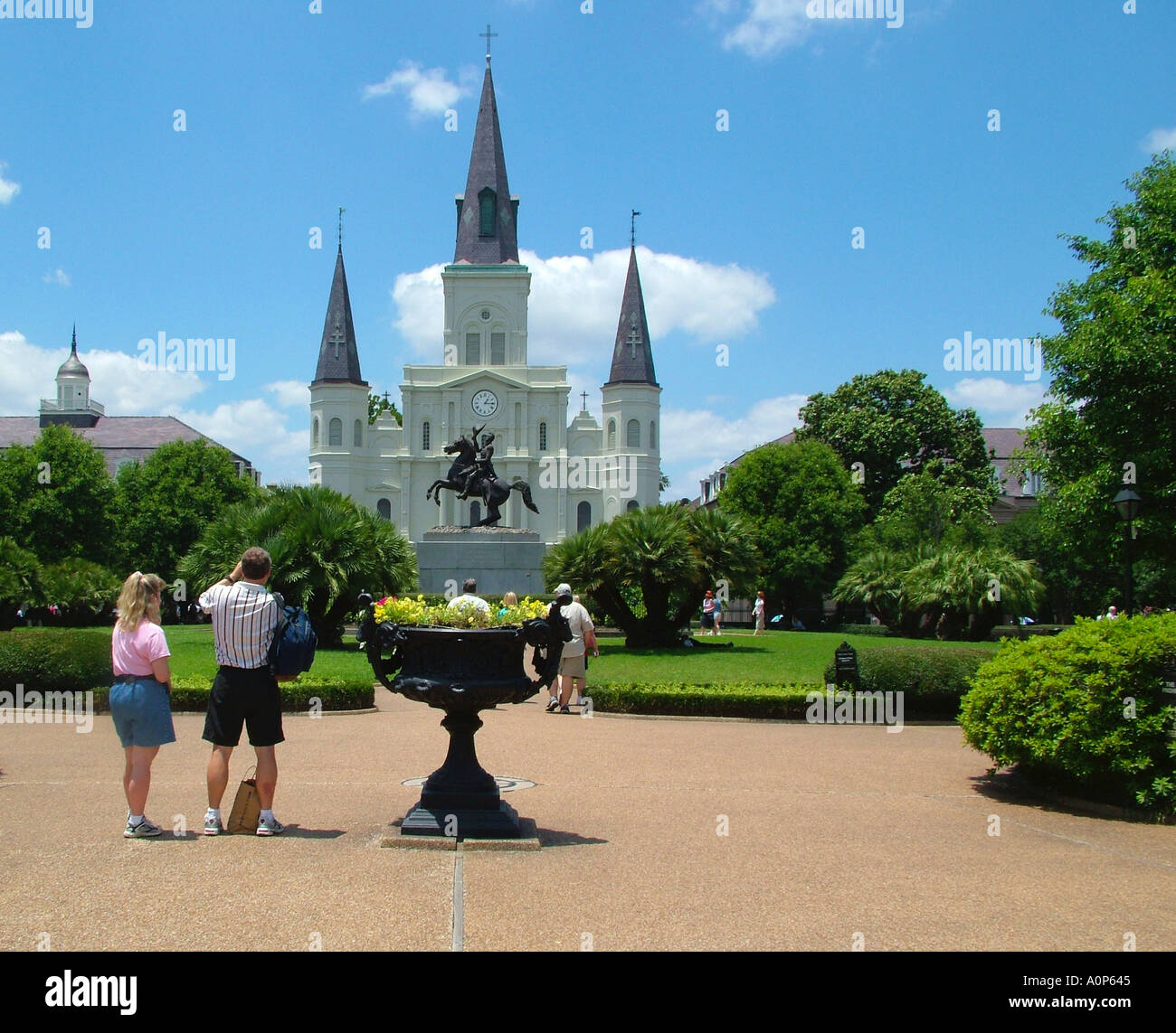 Jackson Square Place d Armes near St Louis Cathedral and the equestrian statue of Andrew Jackson New Orleans Louisiana USA Stock Photo