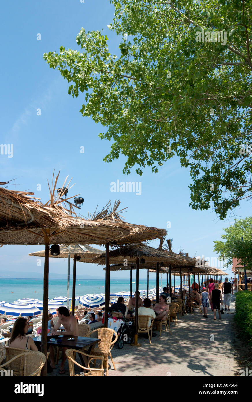 Beachfront cafe/bar, Hanioti, Kassandra Peninsula, Halkidiki, Greece Stock Photo