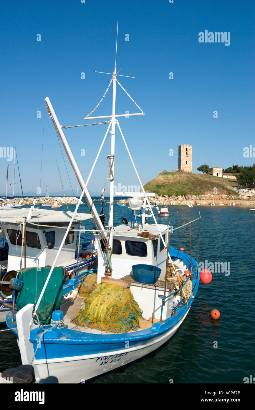 Harbour and Byzantine Watchtower in the early evening, Nea Fokia, Kassandra Peninsula, Halkidiki, Greece Stock Photo