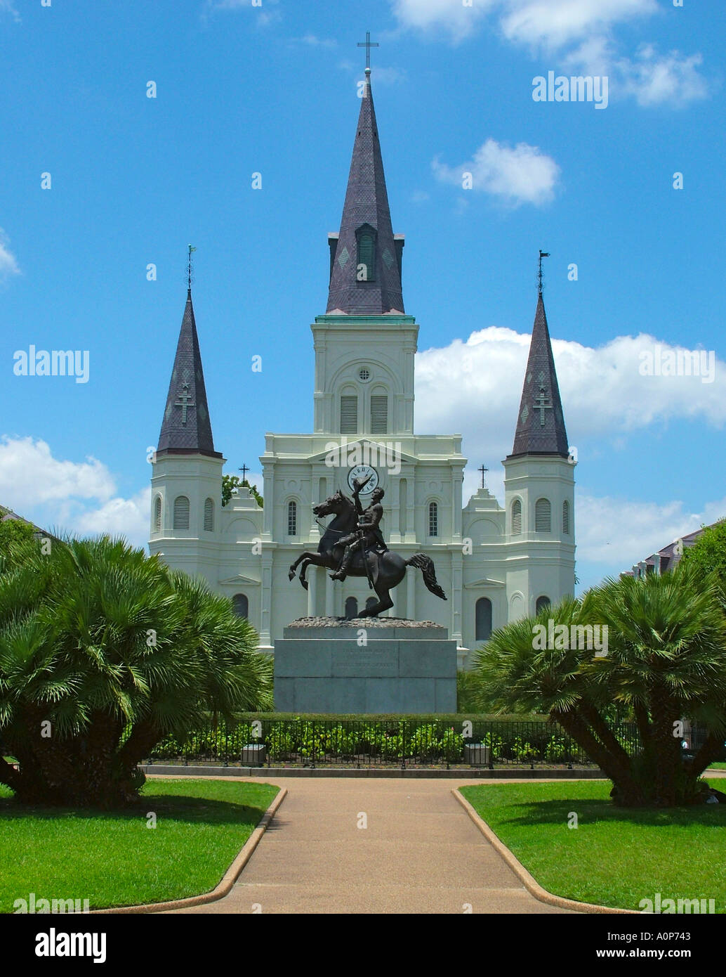 Jackson Square Place d Armes near St Louis Cathedral and the equestrian statue of Andrew Jackson New Orleans Louisiana USA Stock Photo