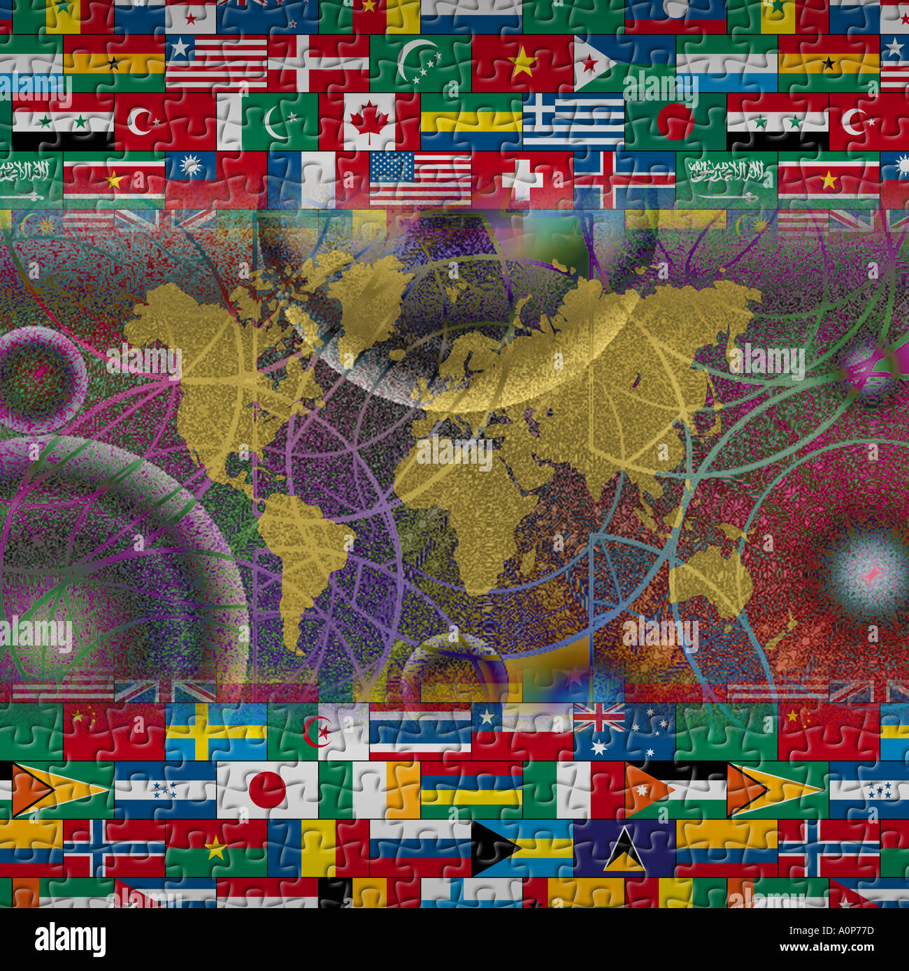 Enigmatic world map with flags above and below Stock Photo - Alamy