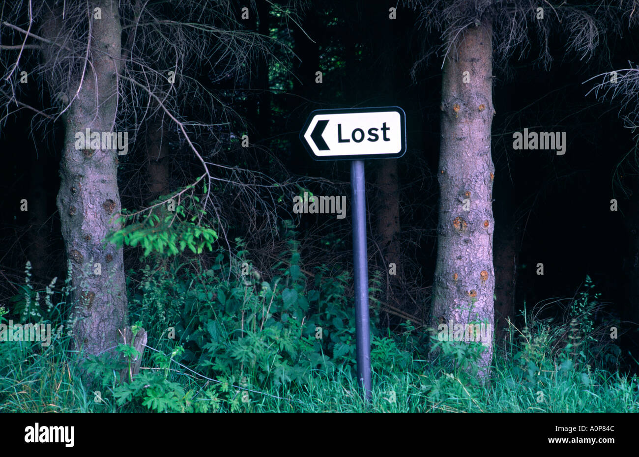 Roadside road sign to the village of Lost in the Grampian Mountains, Scotland, UK Stock Photo