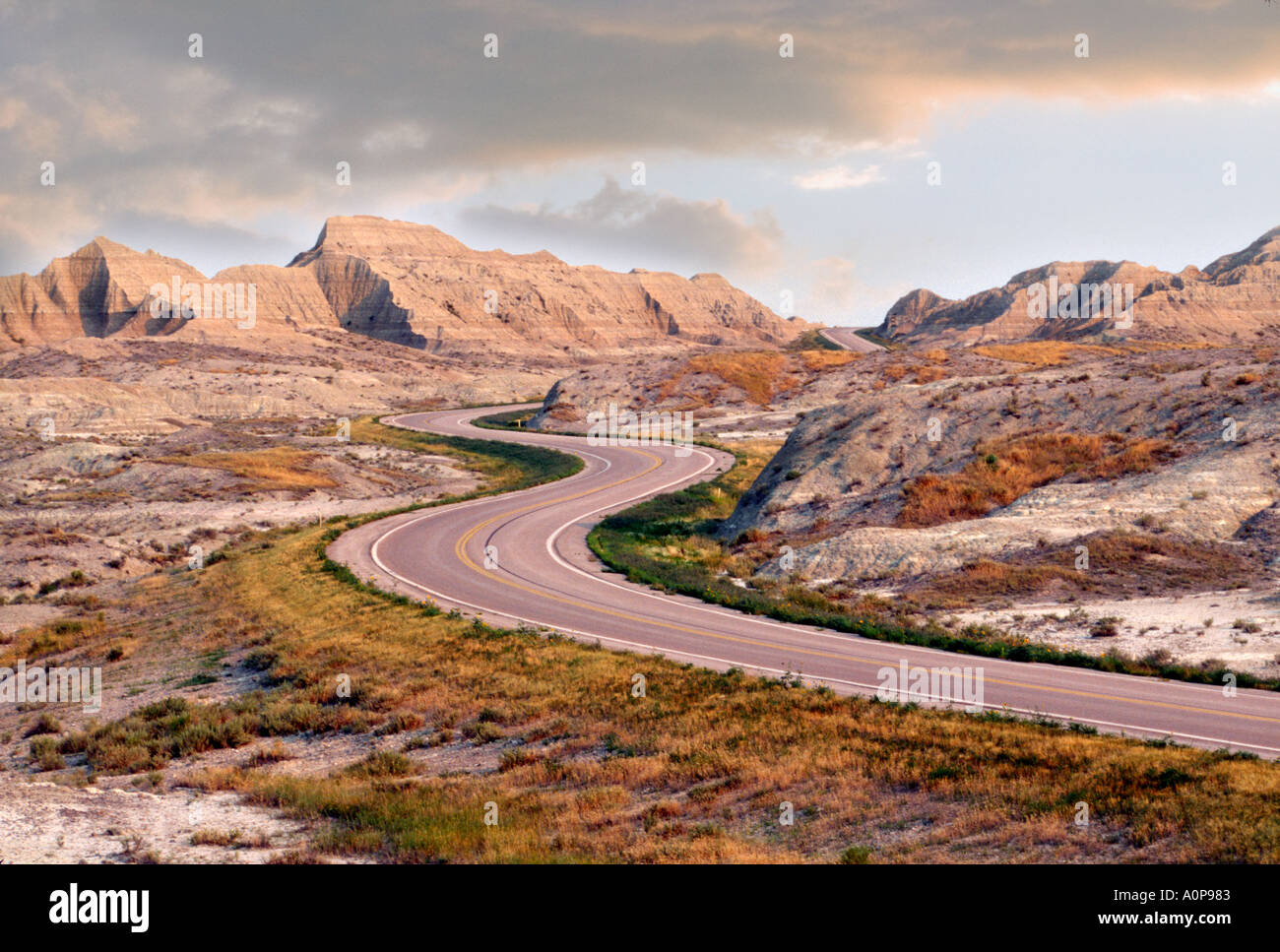 A road winds through the Badlands and Buffalo Gap in South Dakota Stock