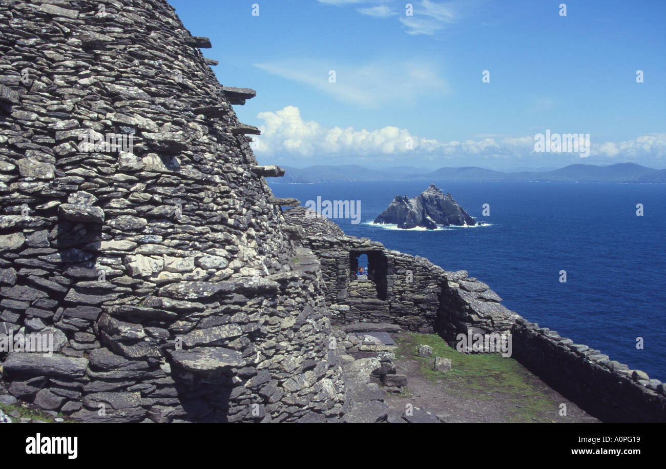 View over Ancient Monastic Settlement at Skellig Michael Ireland Stock Photo