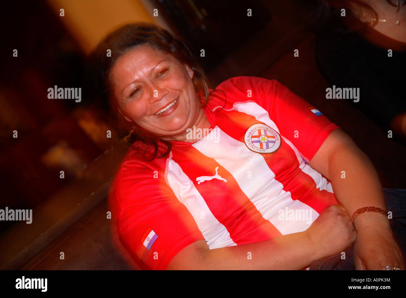 Paraguayan fan watching 1-0 defeat by Sweden, 2006 World Cup Finals, Nueva Costa Dorada Bar, London Stock Photo