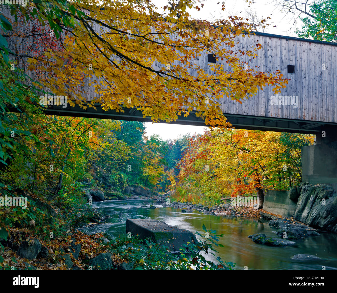 Bulls Bridge Covered Bridge in Fall Housatonic River Connecticut Stock