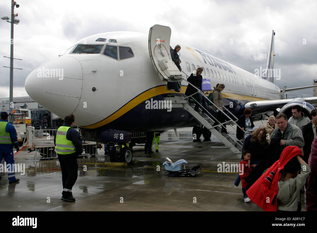 Passengers disembarking from Ryanair flight at Hahn Airport Germany Stock Photo